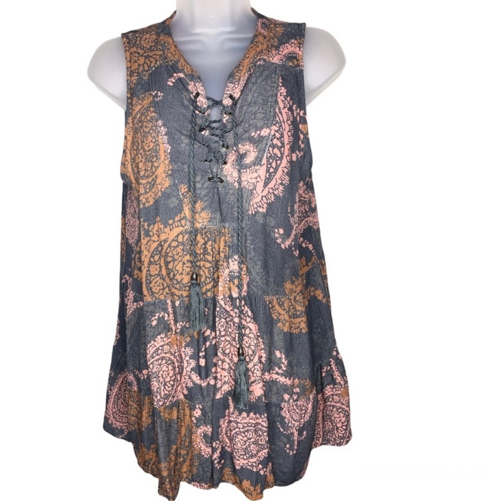 Ella Moon Boho Paisley Earth Tones Lace Up Tassel Tunic Top Gray Orange M Fairy
